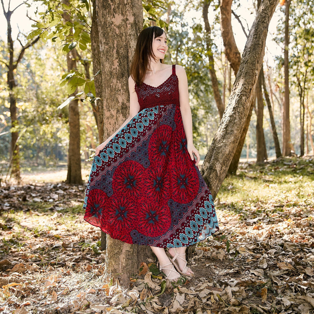 Long Summer Flower Mandala Dress with Crochet Top - Burgundy - Lannaclothesdesign Shop