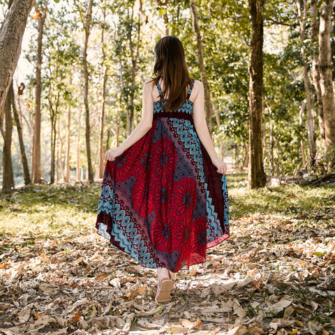 Long Summer Flower Mandala Dress with Crochet Top - Burgundy