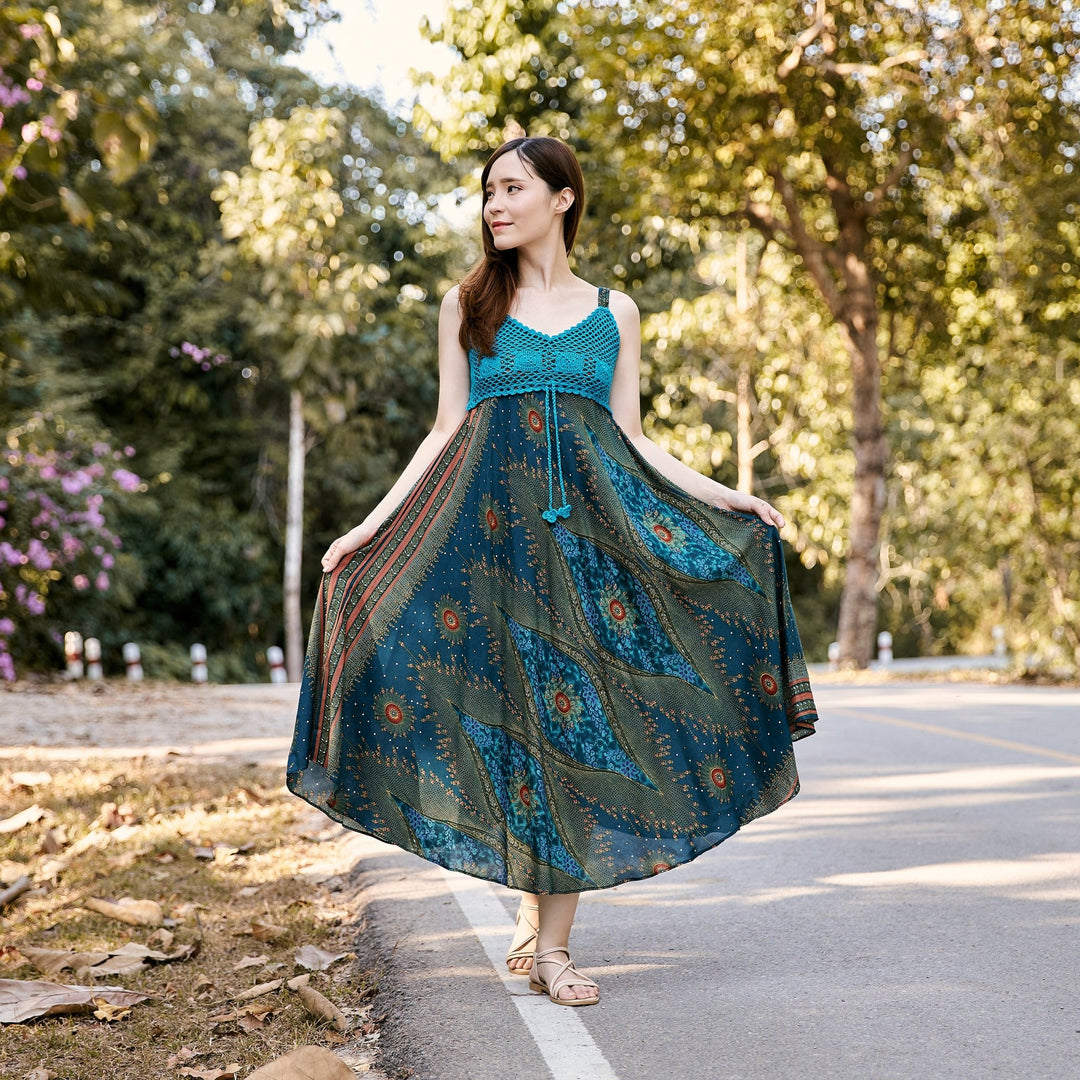 Long Summer Flower Eye Dress with Crochet Top - Teal - Lannaclothesdesign Shop