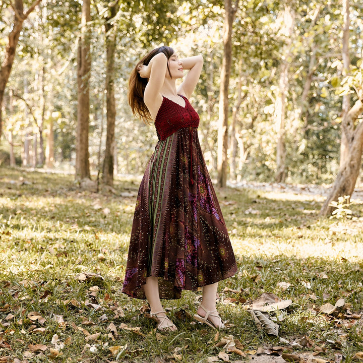 Long Summer Flower Eye Dress with Crochet Top - Burgundy - Lannaclothesdesign Shop