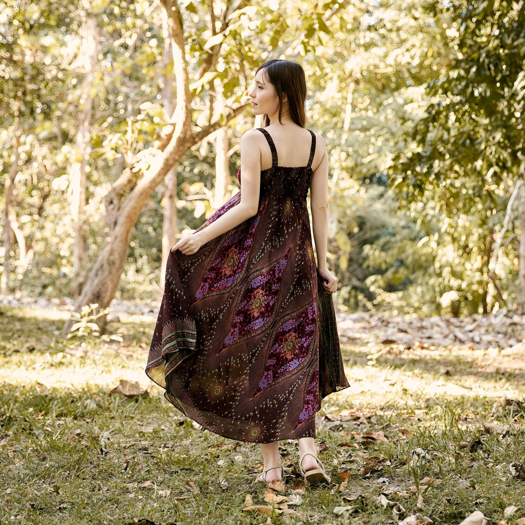 Long Summer Flower Eye Dress with Crochet Top - Burgundy - Lannaclothesdesign Shop