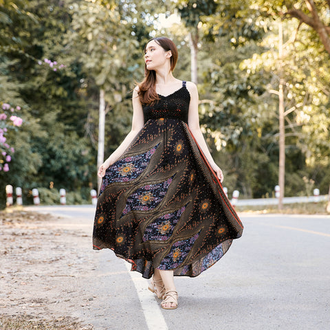 Long Summer Flower Eye Dress with Crochet Top - Black