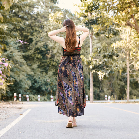 Long Summer Flower Eye Dress with Crochet Top - Black