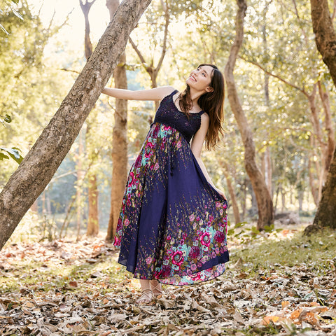 Long Summer Flower Dress with Crochet Top - Dark Blue