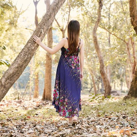 Long Summer Flower Dress with Crochet Top - Dark Blue