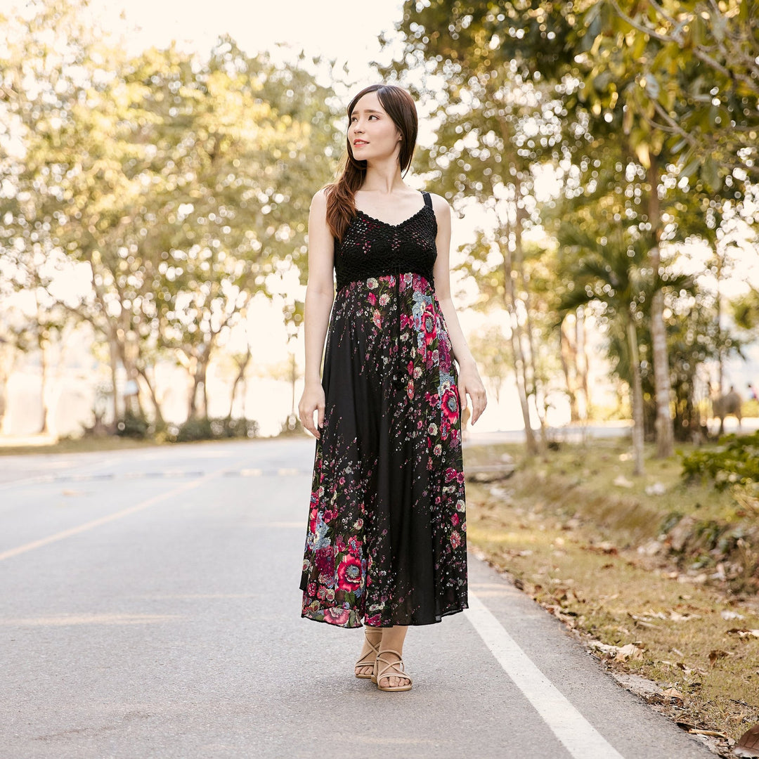 Long Summer Flower Dress with Crochet Top - Black - Lannaclothesdesign Shop