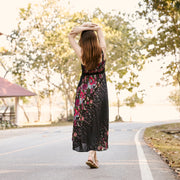 Long Summer Flower Dress with Crochet Top - Black