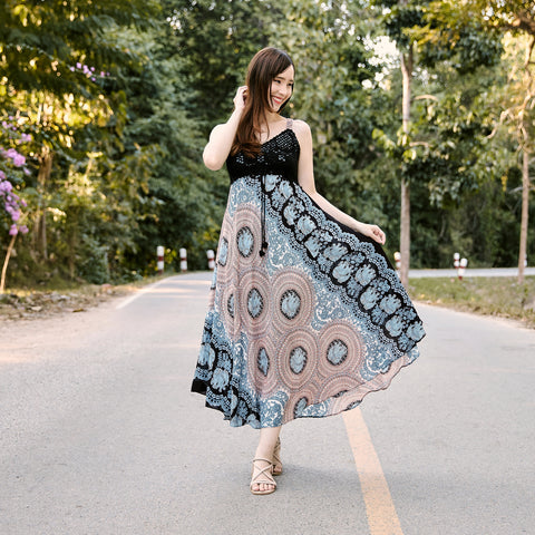 Long Summer Elephant Rose Dress with Crochet Top - Black White