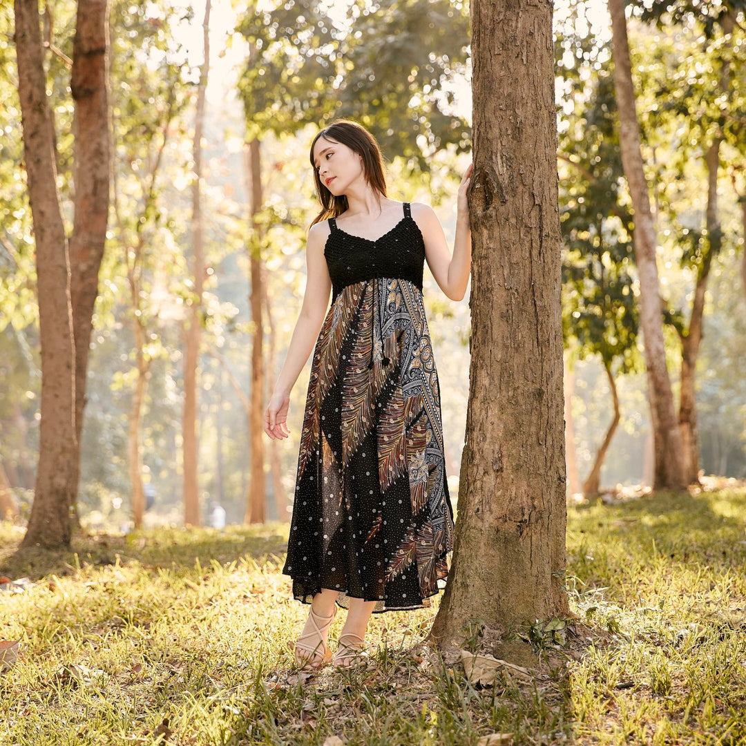 Long Summer Peacock Dress with Crochet Top - Black Gold - Lannaclothesdesign Shop