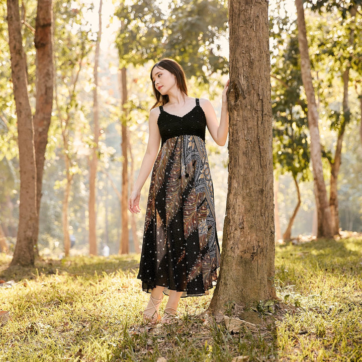 Long Summer Peacock Dress with Crochet Top - Black Gold - Lannaclothesdesign Shop