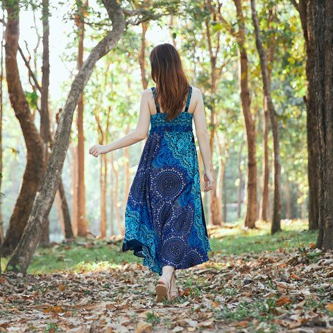 Long Summer Rose Circle Dress with Crochet Top - Blue