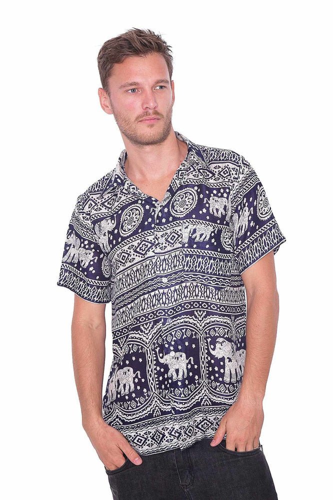 DARK BLUE Elephant Printed Aloha Short Sleeve - Lannaclothesdesign Shop