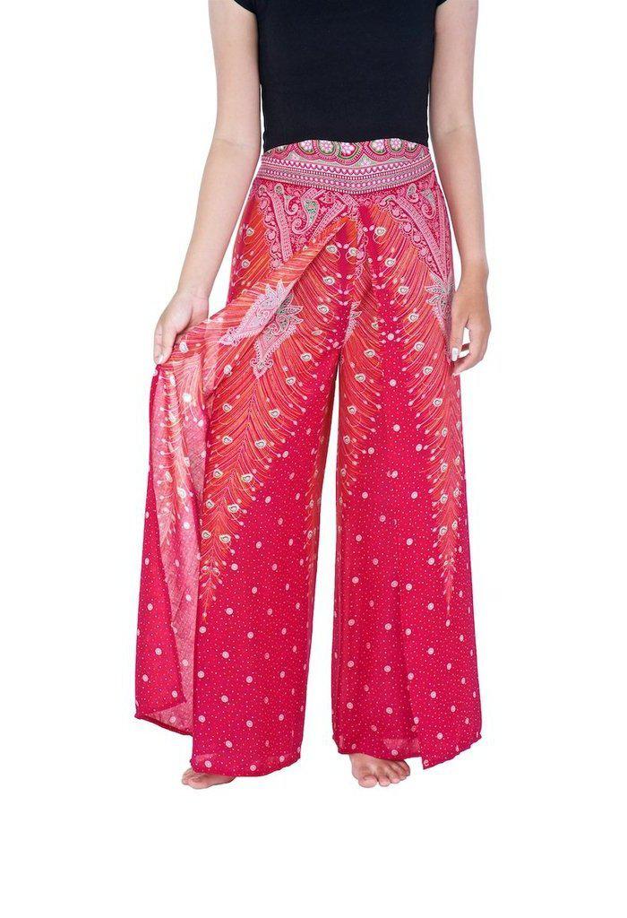 Wide Leg Pants with Peacock Design - Lannaclothesdesign Shop