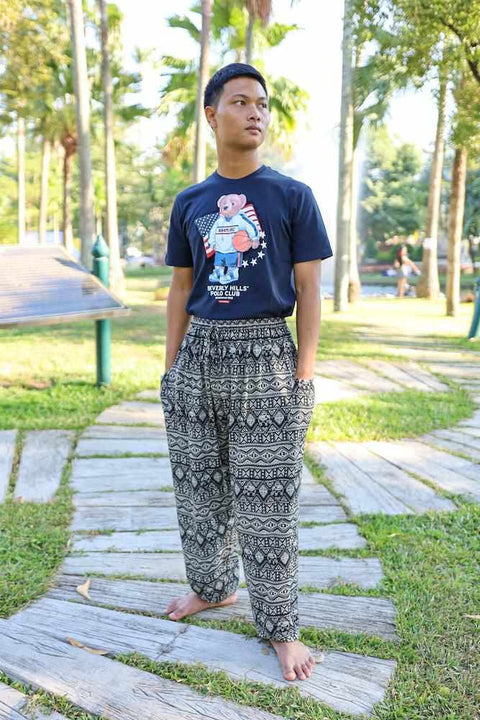 MEN Harem PANTS ELEPHANT PRINT-Men Pants-Lannaclothesdesign Shop-Small-Black-Lannaclothesdesign Shop