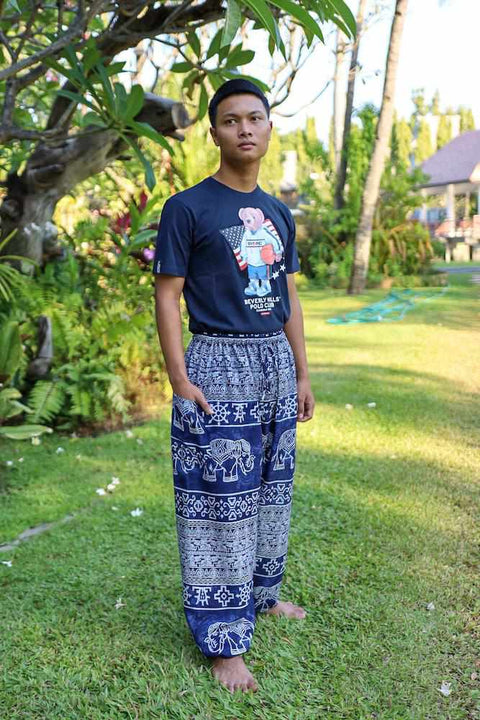 Elephant Printed HIPPIE PANTS MEN-Men Pants-Lannaclothesdesign Shop-Small-Dark Blue-Lannaclothesdesign Shop