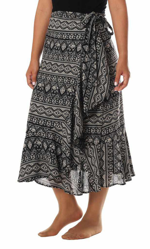 BLACK ELEPHANT MIDI WRAP SKIRT-Rayon Skirt-Lannaclothesdesign Shop-Lannaclothesdesign Shop