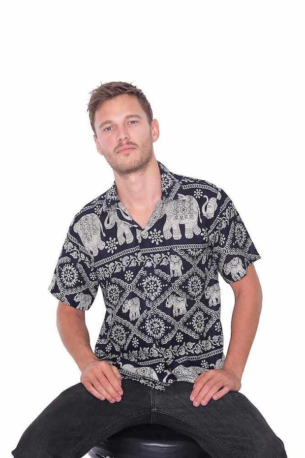 Black Elephant Print Aloha Short Sleeve-Men Shirt-Lannaclothesdesign Shop-Small-Lannaclothesdesign Shop