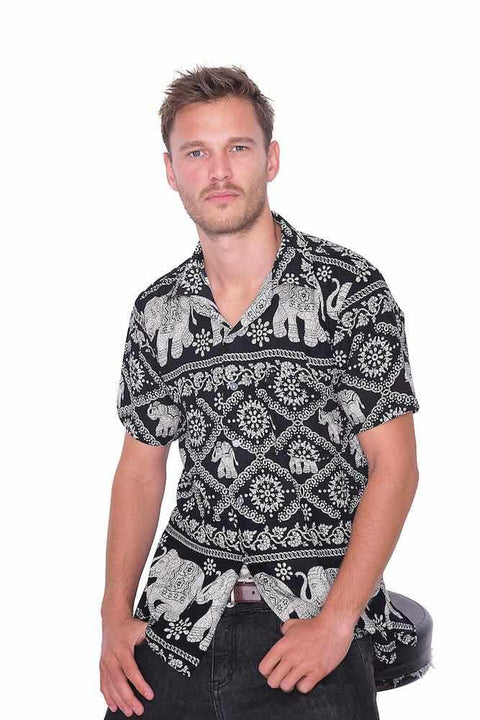 Black Elephant Print Aloha Short Sleeve-Men Shirt-Lannaclothesdesign Shop-Small-Lannaclothesdesign Shop