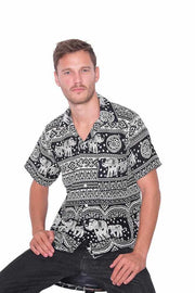 Black Elephant Print BUTTON UP SHIRT-Men Shirt-Lannaclothesdesign Shop-Small-Lannaclothesdesign Shop