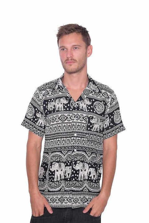 Black Elephant Print BUTTON UP SHIRT-Men Shirt-Lannaclothesdesign Shop-Small-Lannaclothesdesign Shop