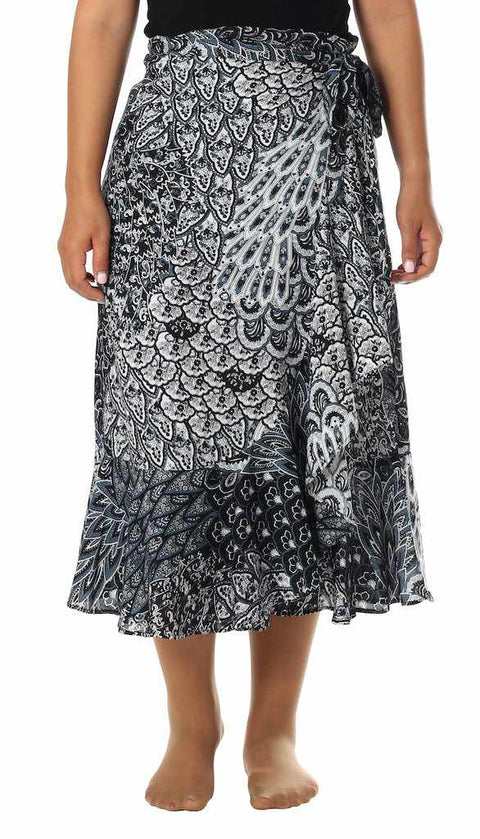 BLACK PEACOCK MIDI WRAP SKIRT-Rayon Skirt-Lannaclothesdesign Shop-Lannaclothesdesign Shop