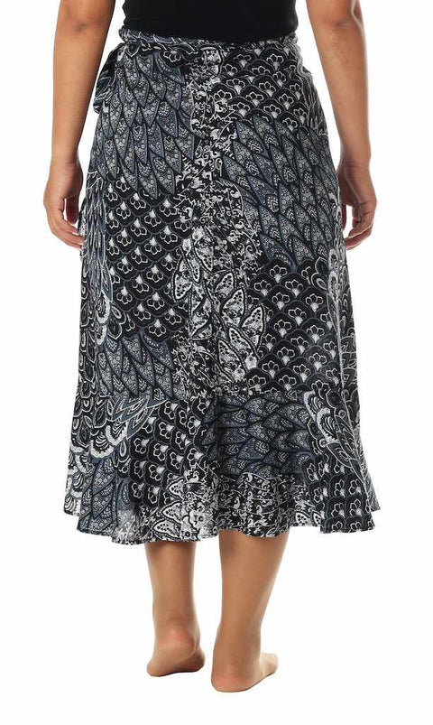 BLACK PEACOCK MIDI WRAP SKIRT-Rayon Skirt-Lannaclothesdesign Shop-Lannaclothesdesign Shop