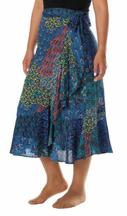 BLUE BOHO MIDI WRAP SKIRT-Rayon Skirt-Lannaclothesdesign Shop-Lannaclothesdesign Shop