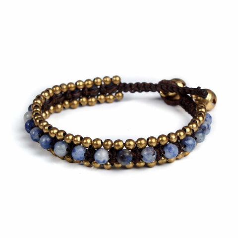 Blue Sodalitz Beads and Brass Bells Boho Bracelet-Bracelet-Lannaclothesdesign Shop-Lannaclothesdesign Shop