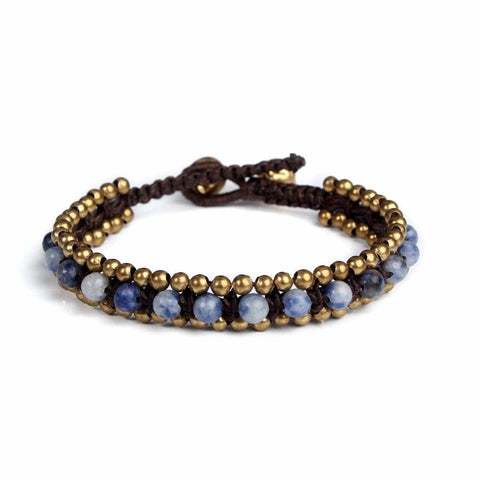 Blue Sodalitz Beads and Brass Bells Boho Bracelet-Bracelet-Lannaclothesdesign Shop-Lannaclothesdesign Shop