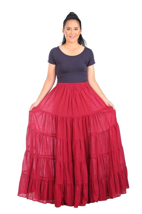 Burgundy Long Cotton Ruffle Maxi Skirt-Cotton Skirt-Lannaclothesdesign Shop-Length 37 Inches-Lannaclothesdesign Shop