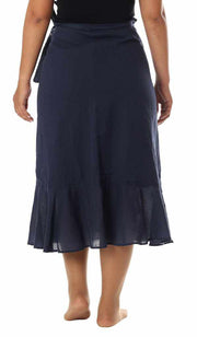 DARK BLUE COTTON MIDI SKIRT-Rayon Skirt-Lannaclothesdesign Shop-Lannaclothesdesign Shop