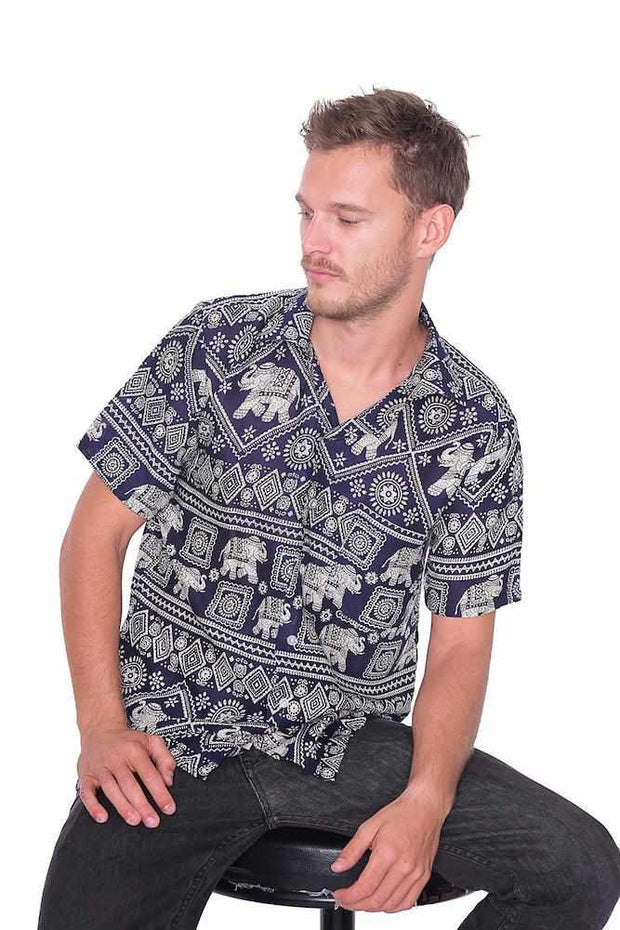 Dark Blue Elephant Hawaiian Shirt-Men Shirt-Lannaclothesdesign Shop-Small-Lannaclothesdesign Shop
