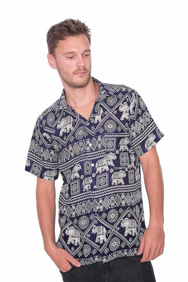 Dark Blue Elephant Hawaiian Shirt-Men Shirt-Lannaclothesdesign Shop-Small-Lannaclothesdesign Shop