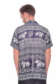 DARK BLUE Elephant Printed Aloha Short Sleeve-Men Shirt-Lannaclothesdesign Shop-Small-Lannaclothesdesign Shop