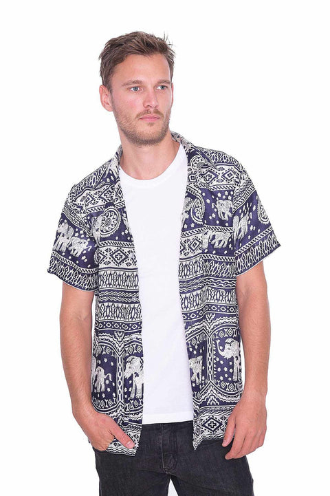 DARK BLUE Elephant Printed Aloha Short Sleeve-Men Shirt-Lannaclothesdesign Shop-Small-Lannaclothesdesign Shop