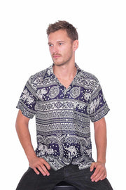 DARK BLUE Elephant Printed Aloha Short Sleeve-Men Shirt-Lannaclothesdesign Shop-Small-Lannaclothesdesign Shop