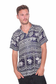 DARK BLUE Elephant Printed Aloha Short Sleeve-Men Shirt-Lannaclothesdesign Shop-Small-Lannaclothesdesign Shop