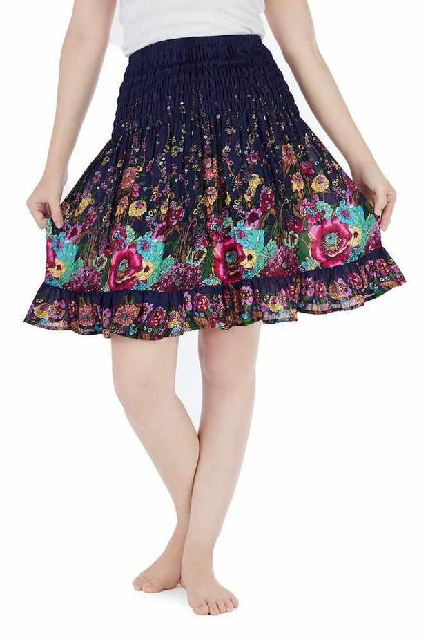 DARK BLUE FLOWER BOHO SKIRT-Rayon Skirt-Lannaclothesdesign Shop-Lannaclothesdesign Shop