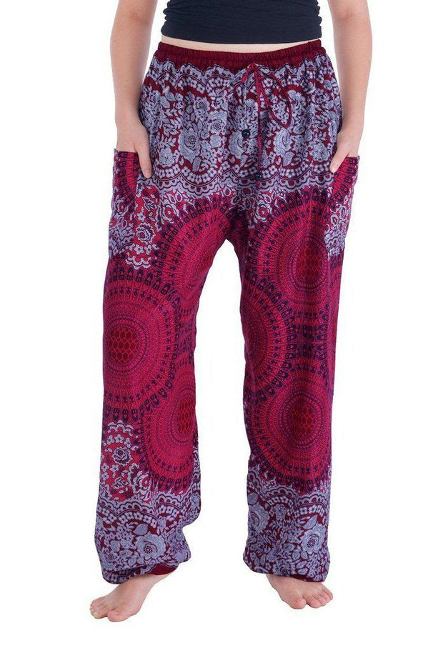 Geometric Mandala Harem Pants-Drawstring-Lannaclothesdesign Shop-Small-Burgundy-Lannaclothesdesign Shop