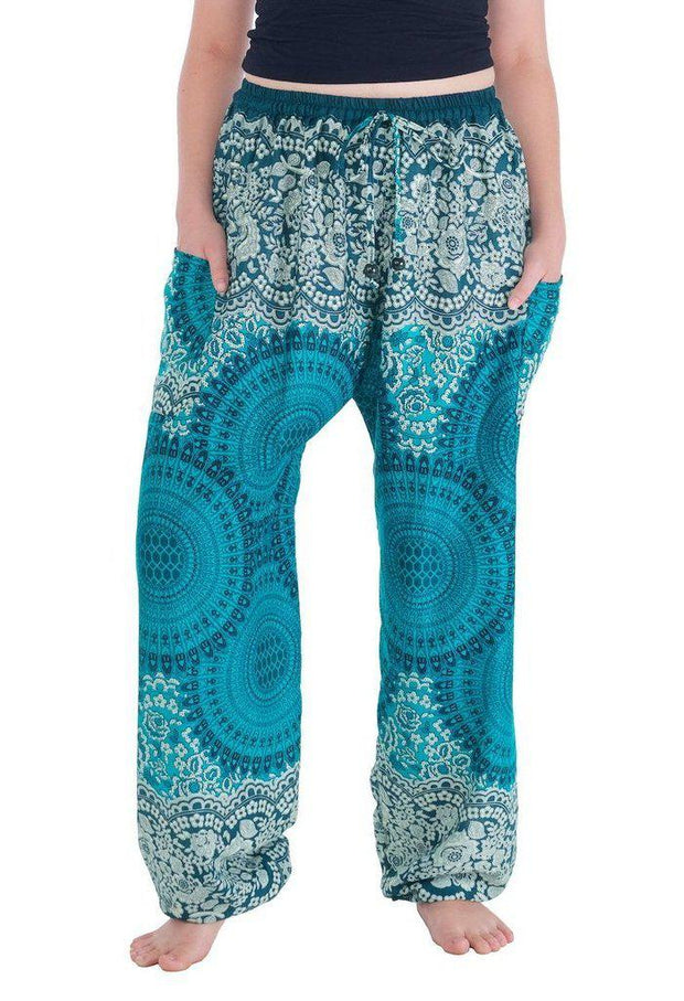 Geometric Mandala Harem Pants-Drawstring-Lannaclothesdesign Shop-Small-Teal-Lannaclothesdesign Shop