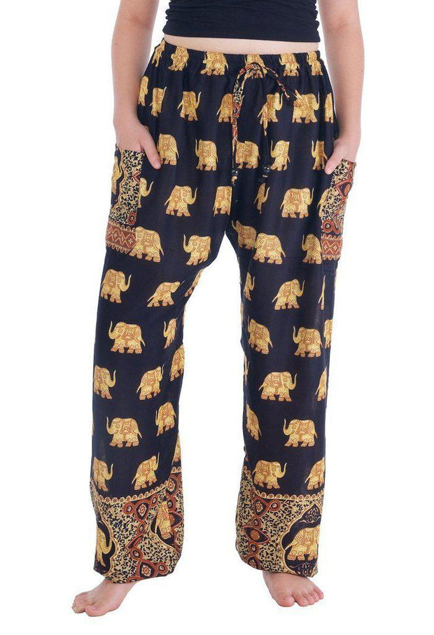 Gold Elephant Drawstring Pants-Drawstring-Lannaclothesdesign Shop-Small-Black-Lannaclothesdesign Shop