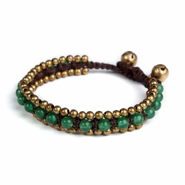 Green Aventurine Beads and Brass Bells Boho Bracelet-Bracelet-Lannaclothesdesign Shop-Lannaclothesdesign Shop