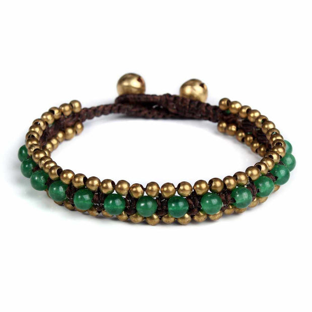 Green Aventurine Beads and Brass Bells Boho Bracelet-Bracelet-Lannaclothesdesign Shop-Lannaclothesdesign Shop