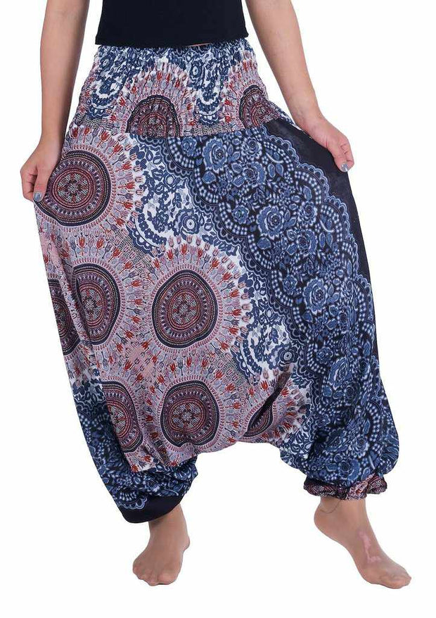 Harem Pants Mandala Print-Harem Jumpsuit-Lannaclothesdesign Shop-Small-Medium-Black White-Lannaclothesdesign Shop
