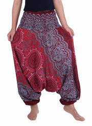 Harem Pants Mandala Print-Harem Jumpsuit-Lannaclothesdesign Shop-Small-Medium-Burgundy-Lannaclothesdesign Shop