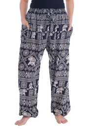 Harem Pants with Elephant Print-Drawstring-Lannaclothesdesign Shop-Small-Black-Lannaclothesdesign Shop