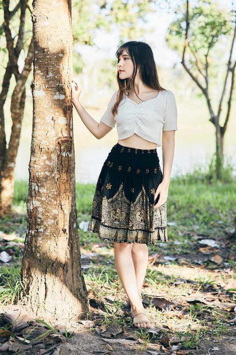 HIGH WAISTED SHORT BOHO SKIRT-Rayon Skirt-Lannaclothesdesign Shop-Size XS/S-Black-Lannaclothesdesign Shop