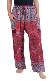 Mandala Harem Pants with Drawstring-Drawstring-Lannaclothesdesign Shop-Small-Burgundy-Lannaclothesdesign Shop