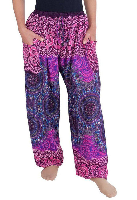Mandala Harem Pants with Drawstring-Drawstring-Lannaclothesdesign Shop-Small-Purple-Lannaclothesdesign Shop