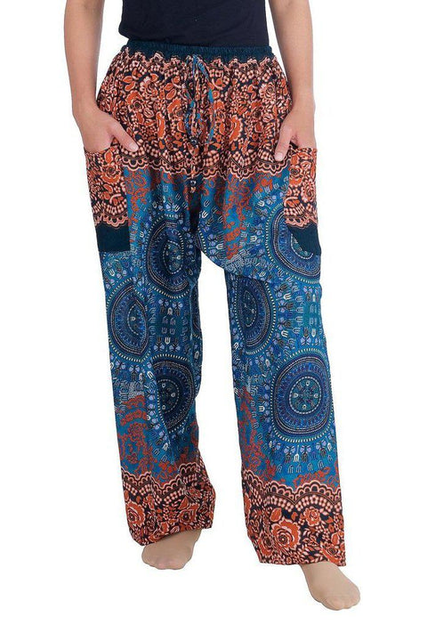 Mandala Harem Pants with Drawstring-Drawstring-Lannaclothesdesign Shop-Small-Teal-Lannaclothesdesign Shop